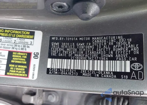 2019 Toyota Corolla Le из США, поврежденный, VIN 2T1BURHE1KC171964